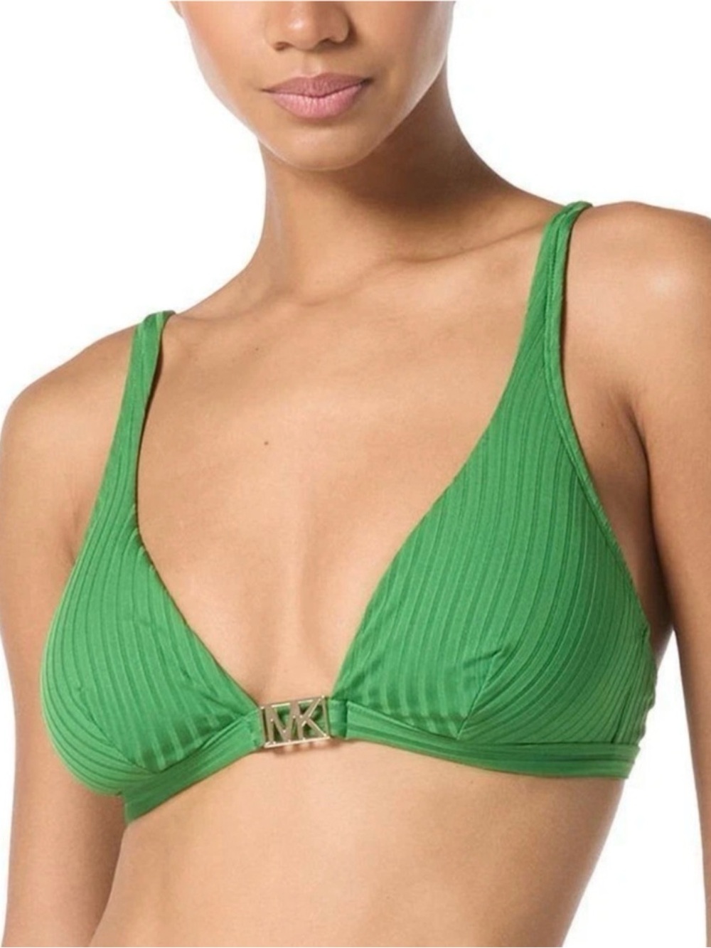 Michael Kors Women's Ribbed Hardware V-Neck Bikini Top, True Green/ US(S). R9C